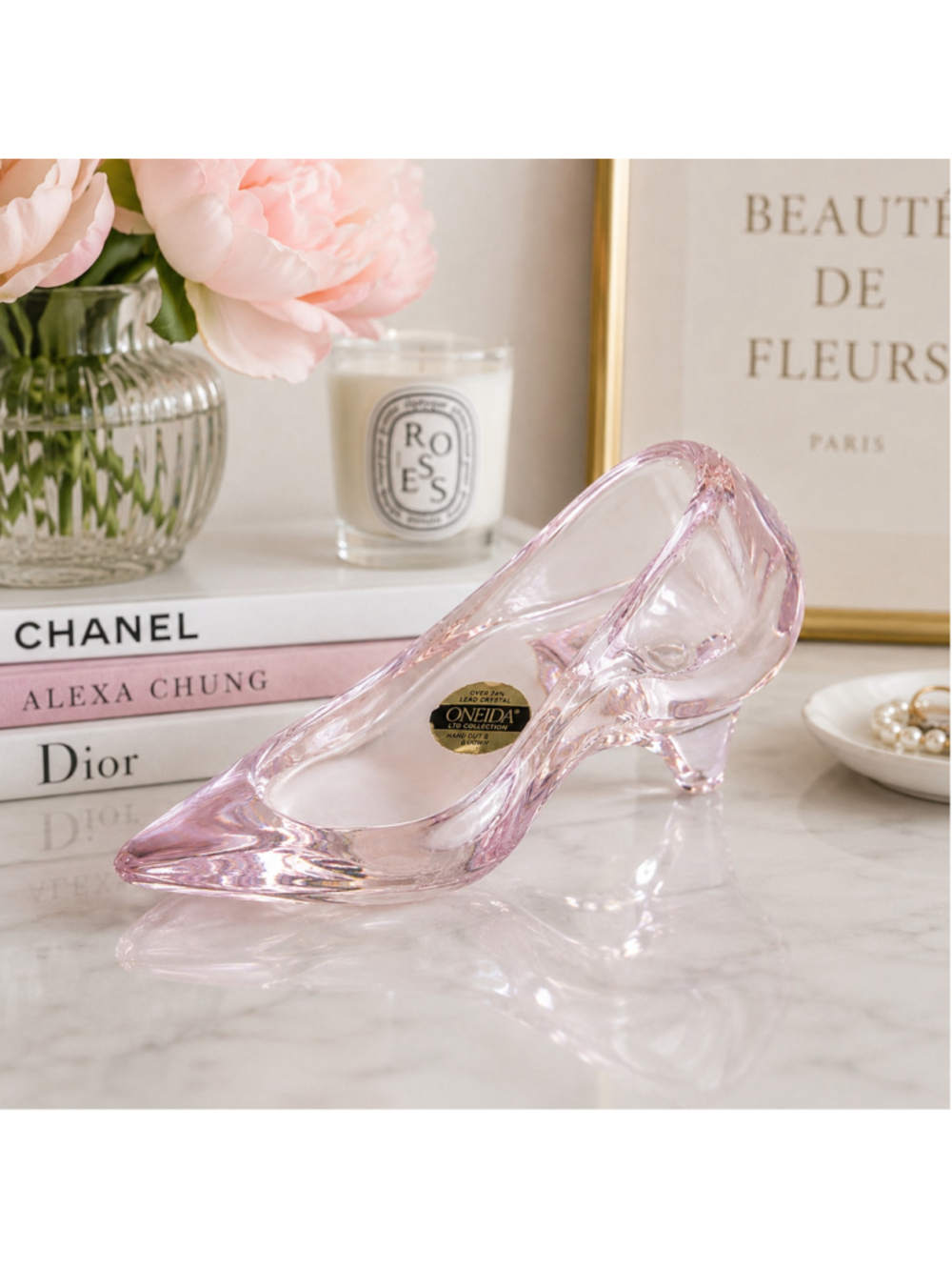 Oneida LTD Collection Hand Cut Lead Crystal Pink Glass Shoe Figurine Paperweight